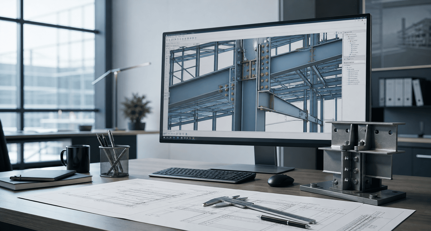 Steel detailing workstation with a 3D structural model and shop drawings
